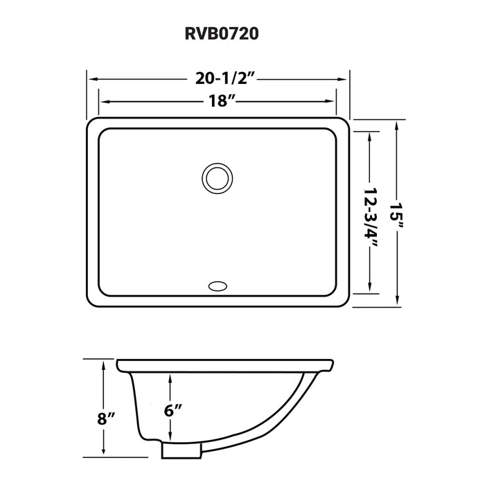 20 x 15 inch Undermount Bathroom Sink White Rectangular Porcelain Ceramic with Overflow