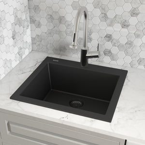 Ruvati 22 x 20 inch epiGranite Drop-in Topmount Granite Composite Single Bowl Kitchen Sink – Midnight Black – RVG1022BK