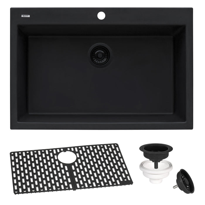 Ruvati 30 x 20 inch epiGranite Drop-in Topmount Granite Composite Single Bowl Kitchen Sink – Midnight Black – RVG1030BK