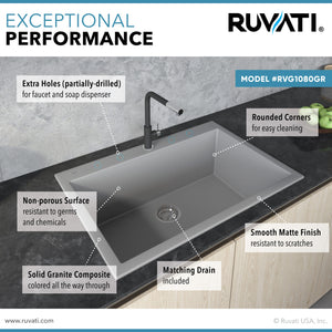 Ruvati 30 x 20 inch epiGranite Drop-in Topmount Granite Composite Single Bowl Kitchen Sink – Silver Gray – RVG1030GR