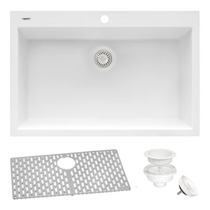 Ruvati 30 x 20 inch epiGranite Drop-in Topmount Granite Composite Single Bowl Kitchen Sink – Arctic White