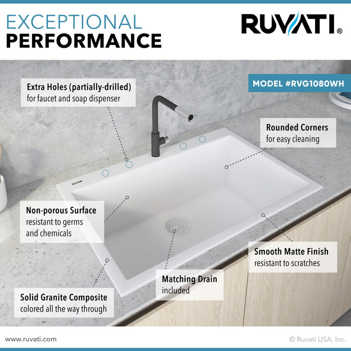 Ruvati 30 x 20 inch epiGranite Drop-in Topmount Granite Composite Single Bowl Kitchen Sink – Arctic White