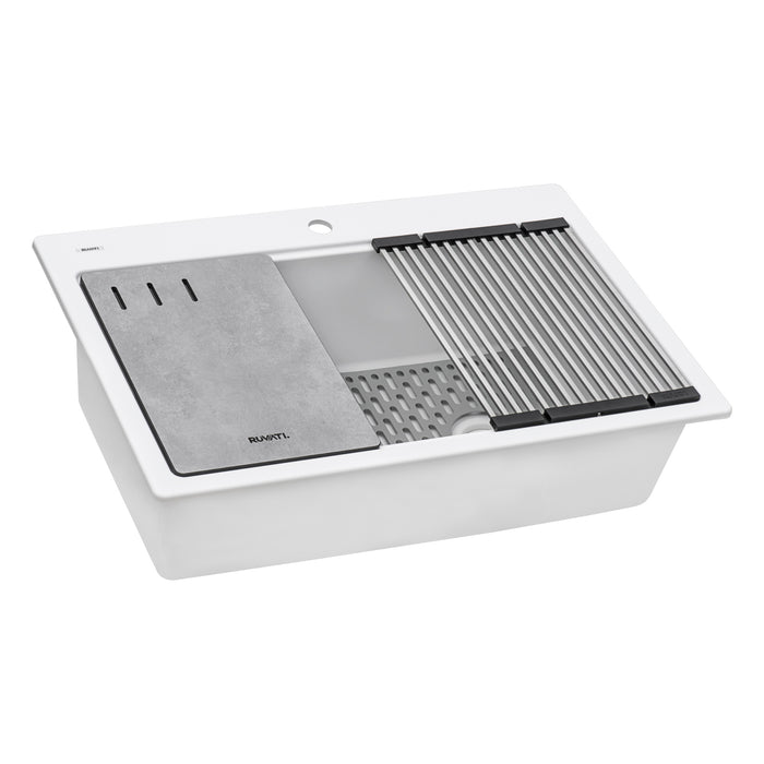 Ruvati 33-inch Granite Composite Workstation Drop-in Topmount Kitchen Sink Matte White – RVG1302WH