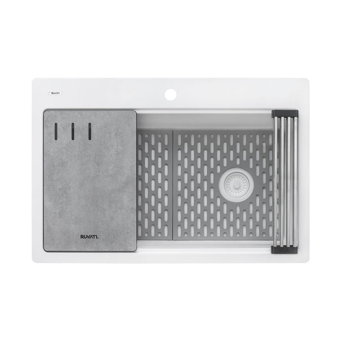 Ruvati 33-inch Granite Composite Workstation Drop-in Topmount Kitchen Sink Matte White – RVG1302WH