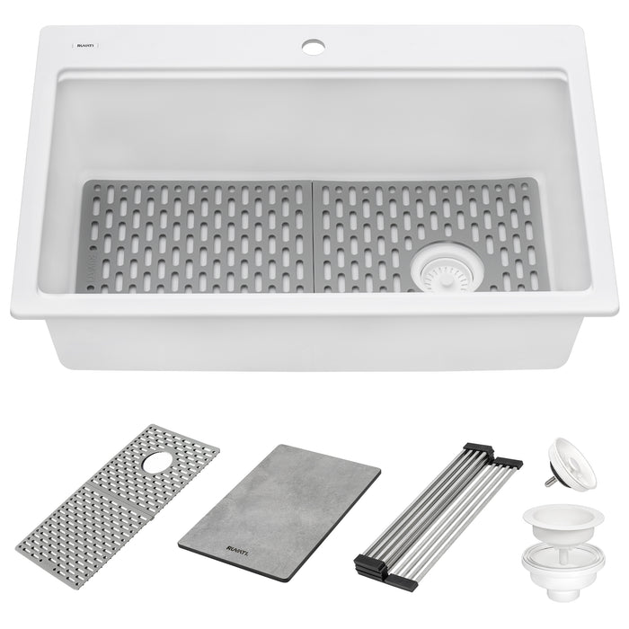 Ruvati 33-inch Granite Composite Workstation Drop-in Topmount Kitchen Sink Matte White – RVG1302WH