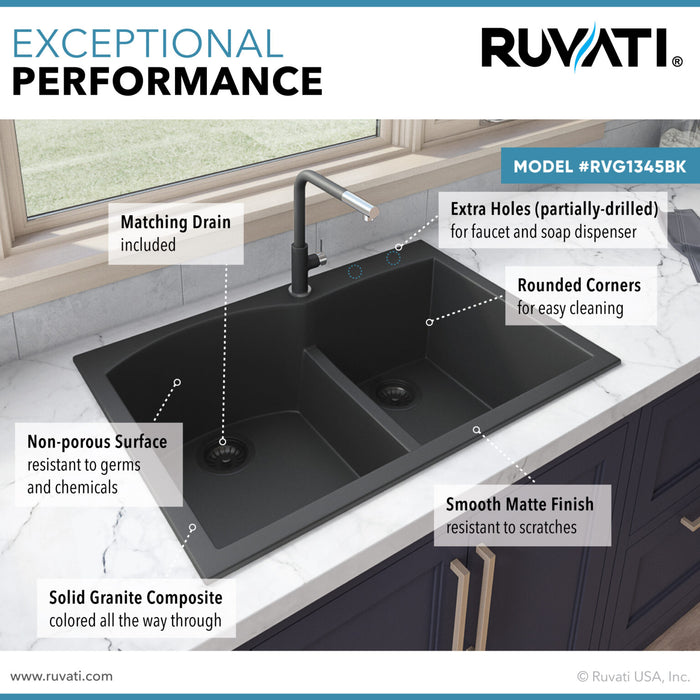 Ruvati 33 x 22 inch epiGranite Drop-in Topmount Granite Composite Double Bowl Kitchen Sink – Midnight Black – RVG1345BK