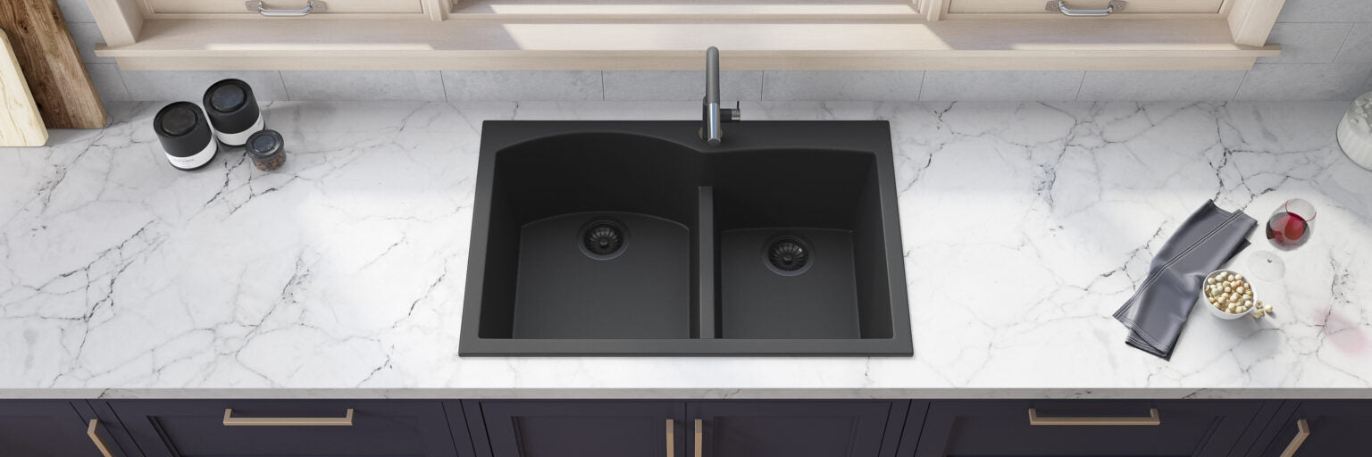 Ruvati 33 x 22 inch epiGranite Drop-in Topmount Granite Composite Double Bowl Kitchen Sink – Midnight Black – RVG1345BK