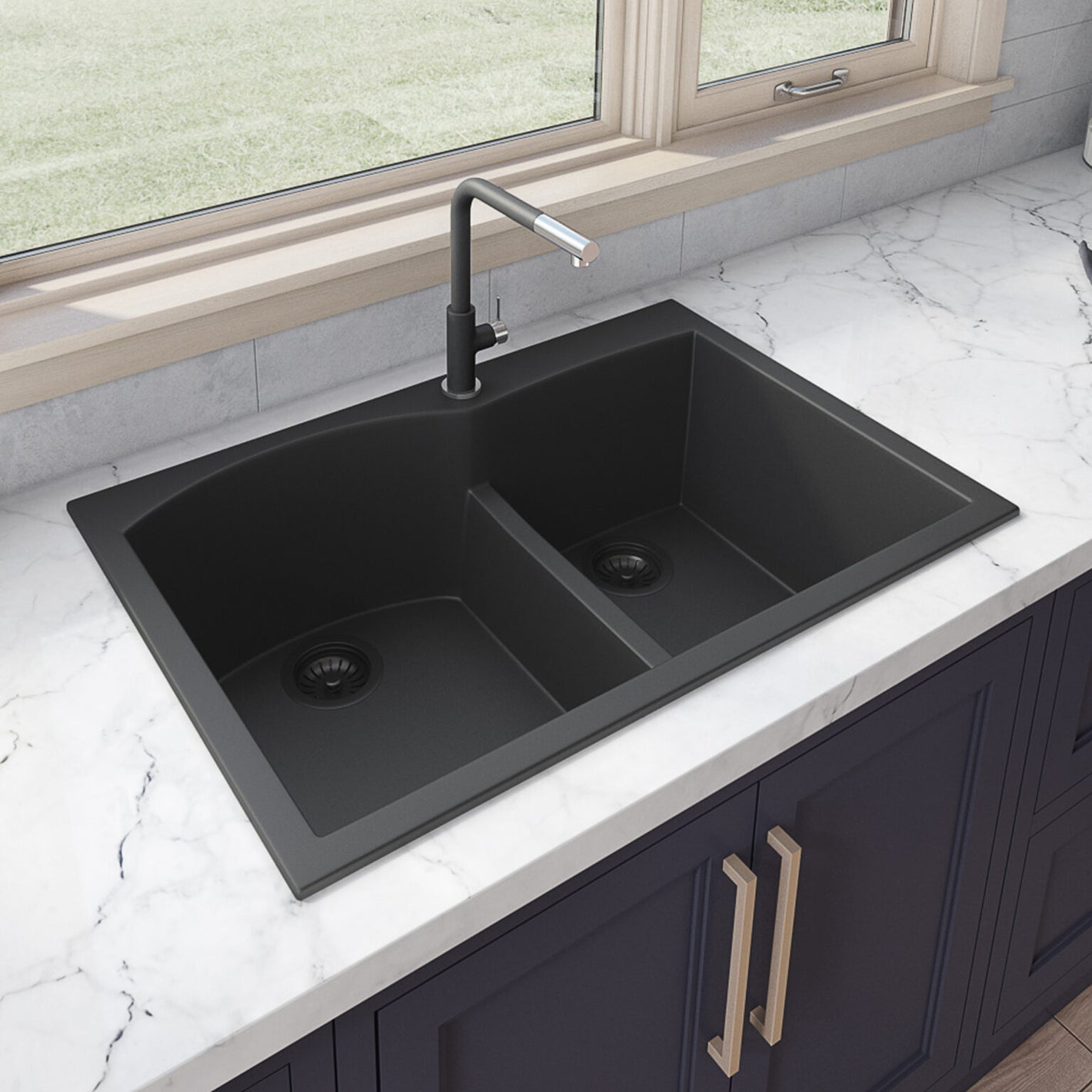 Ruvati 33 x 22 inch epiGranite Drop-in Topmount Granite Composite Double Bowl Kitchen Sink – Midnight Black – RVG1345BK