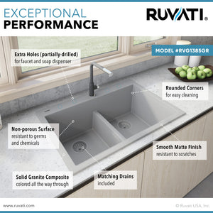 Ruvati 33 x 22 inch epiGranite Drop-in TopMount Granite Composite Double Bowl Low Divide Kitchen Sink – Silver Gray – RVG1385GR