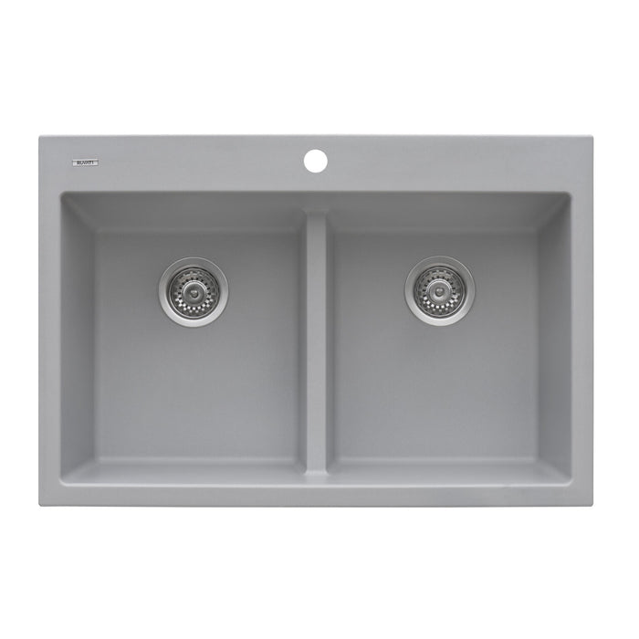 Ruvati 33 x 22 inch epiGranite Drop-in TopMount Granite Composite Double Bowl Low Divide Kitchen Sink – Silver Gray – RVG1385GR