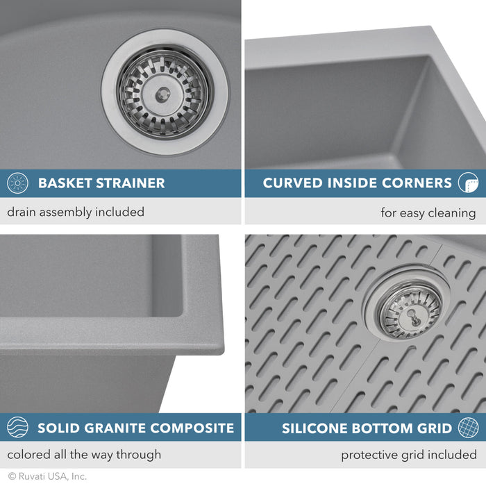 Ruvati 33 x 22 inch epiGranite Drop-in TopMount Granite Composite Double Bowl Low Divide Kitchen Sink – Silver Gray – RVG1385GR