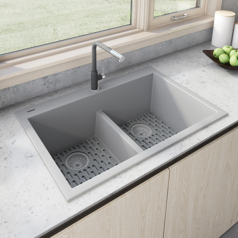 Ruvati 33 x 22 inch epiGranite Drop-in TopMount Granite Composite Double Bowl Low Divide Kitchen Sink – Silver Gray – RVG1385GR