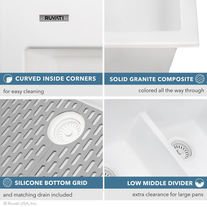 Ruvati 33 x 22 inch epiGranite Drop-in TopMount Granite Composite Double Bowl Low Divide Kitchen Sink – Arctic White