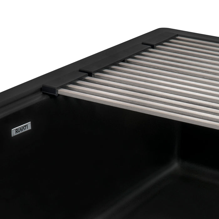 Ruvati 33-inch Matte Black Granite Farmhouse Workstation Apron-front Composite Kitchen Sink – RVG1533BK