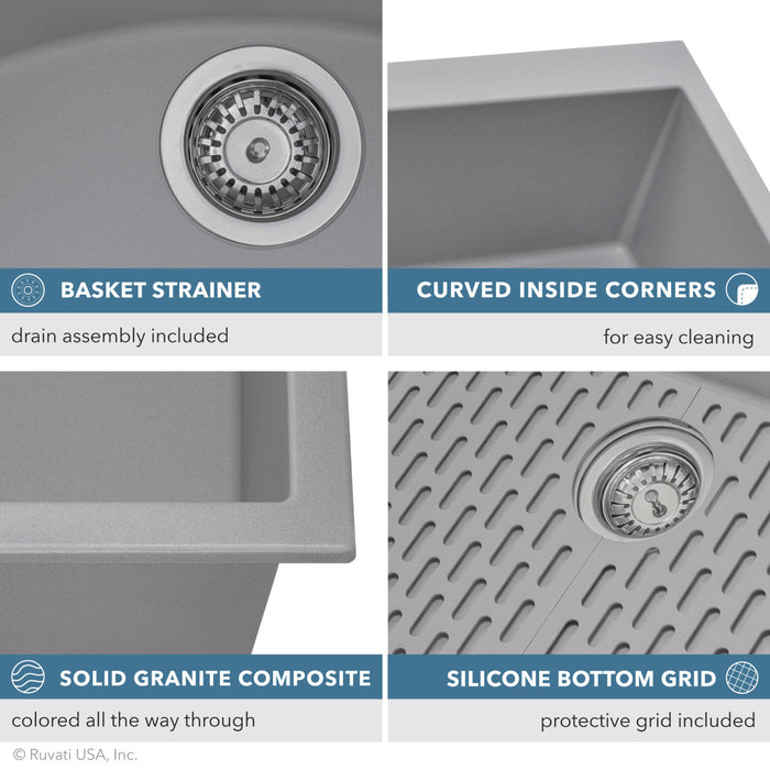 33 x 19 inch Granite Composite Undermount Single Bowl Kitchen Sink – Silver Gray