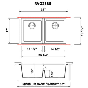33 x 19 inch Granite Composite Undermount Double Bowl Low Divide Kitchen Sink – Midnight Black