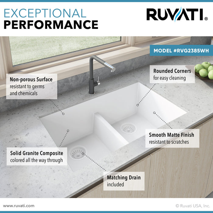 33 x 19 inch Granite Composite Undermount Double Bowl Low Divide Kitchen Sink – Arctic White