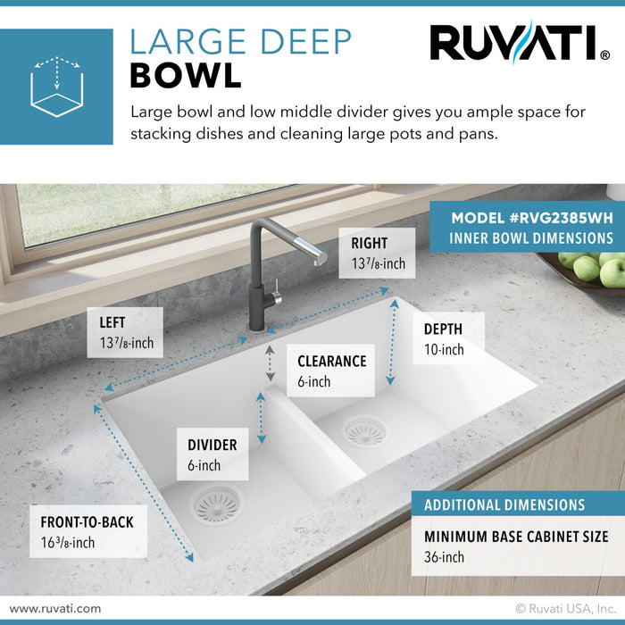 33 x 19 inch Granite Composite Undermount Double Bowl Low Divide Kitchen Sink – Arctic White