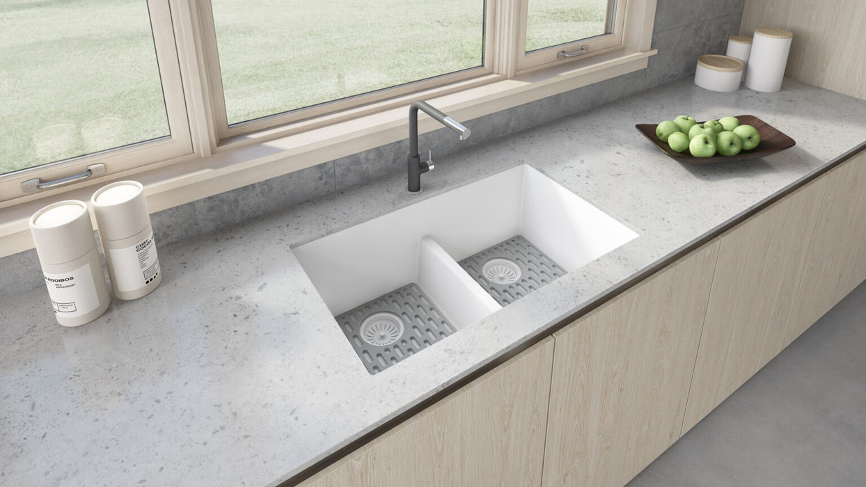33 x 19 inch Granite Composite Undermount Double Bowl Low Divide Kitchen Sink – Arctic White