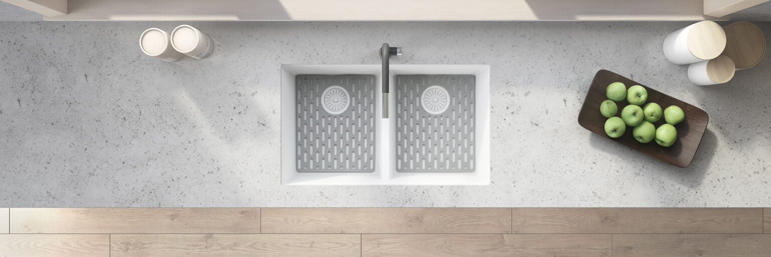33 x 19 inch Granite Composite Undermount Double Bowl Low Divide Kitchen Sink – Arctic White