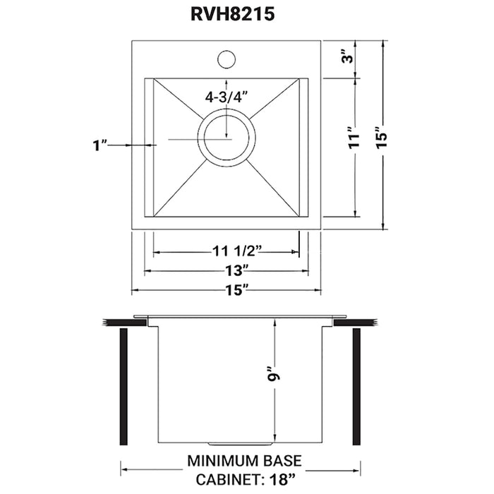 15 x 15 inch Workstation Drop-in Topmount Bar Prep RV Sink 16 Gauge Stainless Steel
