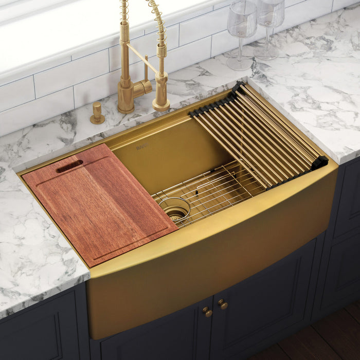 Ruvati 30-inch Matte Gold Workstation Apron-Front Brass Tone Stainless Steel Kitchen Sink – RVH9106GG