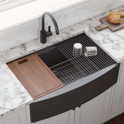 Ruvati 36-inch Gunmetal Black Workstation Apron-Front Stainless Steel Kitchen Sink – RVH9308BL