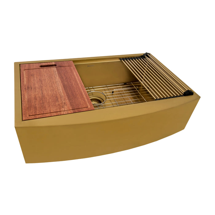 Ruvati 36-inch Matte Gold Workstation Apron-Front Brass Tone Stainless Steel Kitchen Sink – RVH9308GG