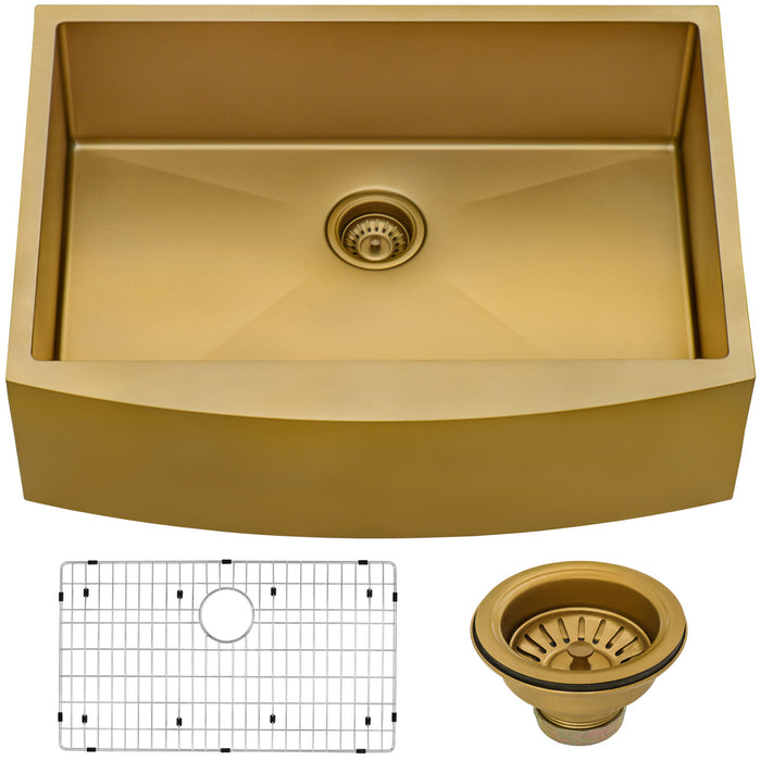 30-inch Apron-Front Farmhouse Kitchen Sink – Brass Tone Matte Gold Stainless Steel Single Bowl