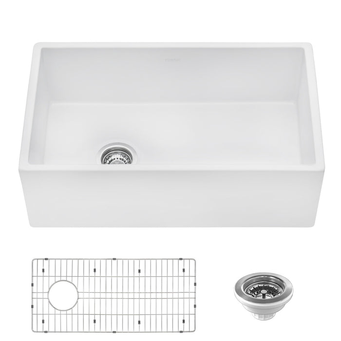 30-inch Fireclay Farmhouse Offset Drain Kitchen Sink Single Bowl White – Left Drain