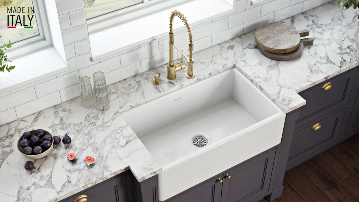 Ruvati 30 x 20 inch Fireclay Reversible Farmhouse Apron-Front Kitchen Sink Single Bowl – White