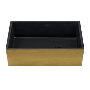Ruvati 30-inch Matte Black and Brushed Gold Fireclay Modern Farmhouse Offset Drain Kitchen Sink Single Bowl – RVL4018GRG