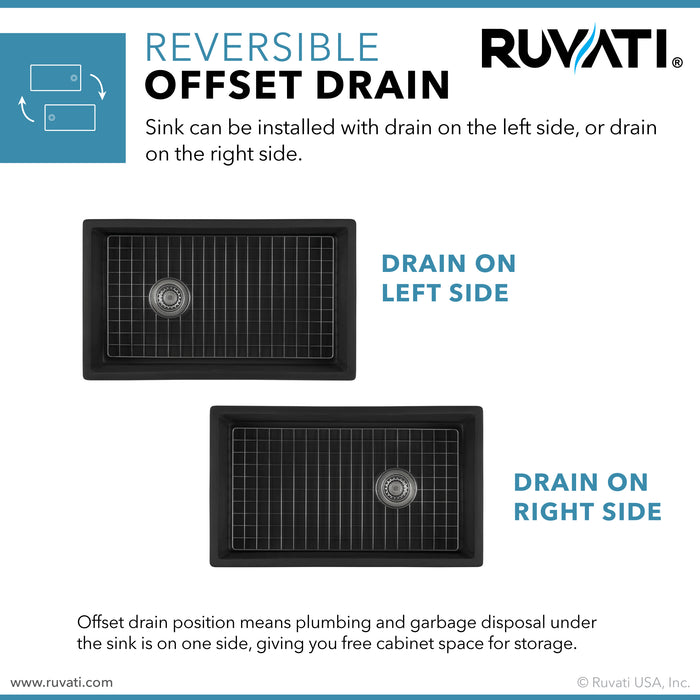 Ruvati 30-inch Matte Black and Brushed Gold Fireclay Modern Farmhouse Offset Drain Kitchen Sink Single Bowl – RVL4018GRG