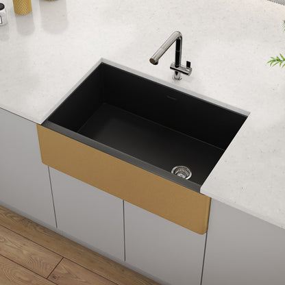 Ruvati 30-inch Matte Black and Brushed Gold Fireclay Modern Farmhouse Offset Drain Kitchen Sink Single Bowl – RVL4018GRG