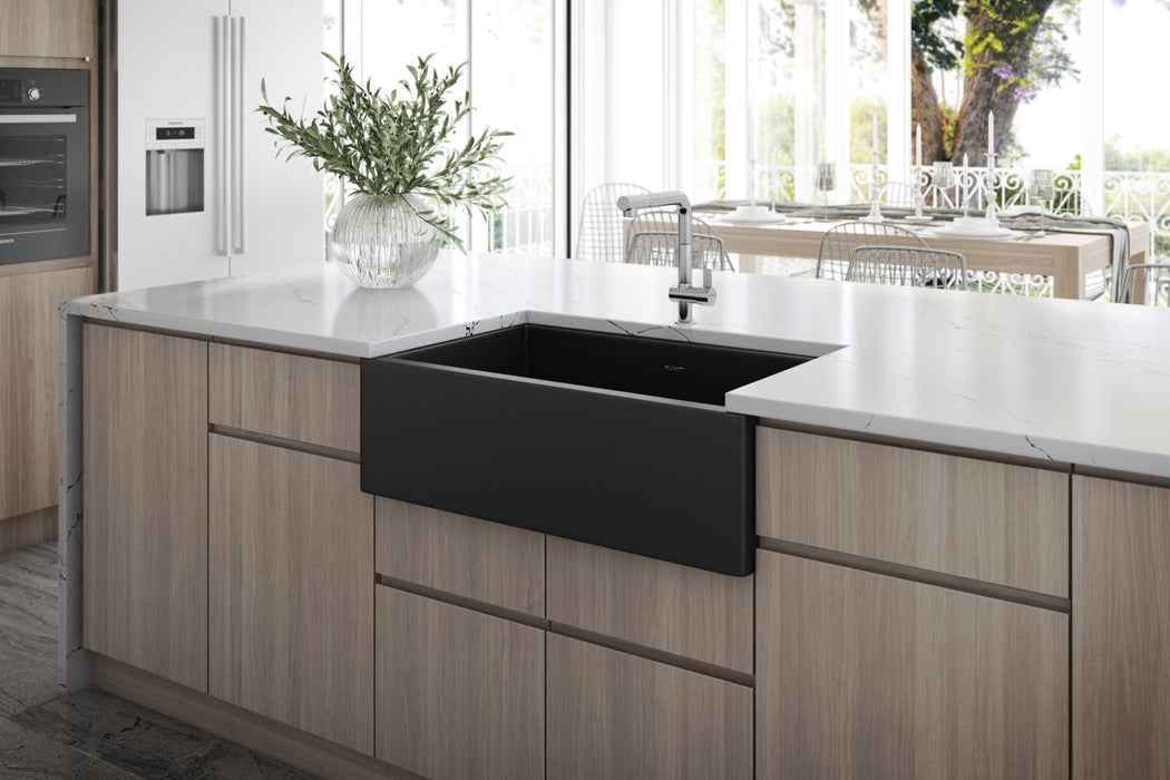 Ruvati 30-inch Matte Black Fireclay Modern Farmhouse Offset Drain Kitchen Sink Single Bowl – RVL4018MBK