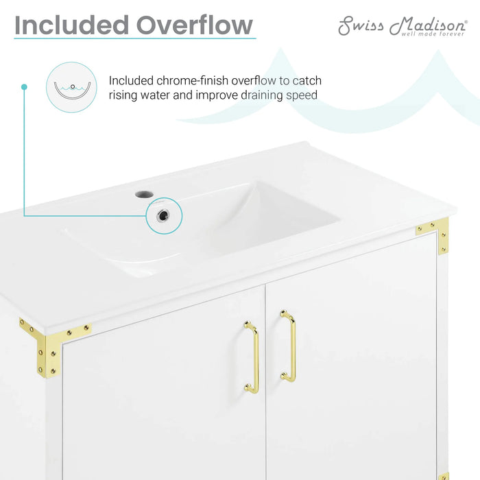 Voltaire 36" Single, Bathroom Vanity in White with Gold Hardware