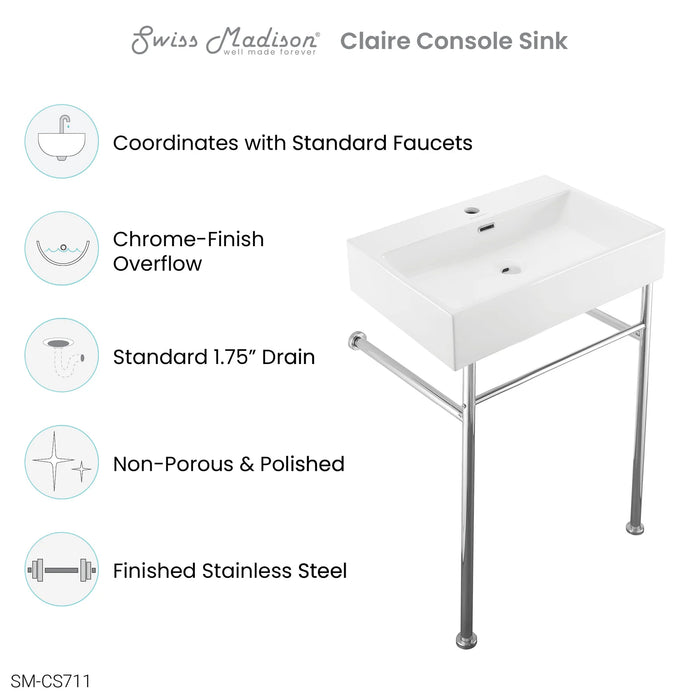 Claire 24" Console Sink White Basin Chrome Legs
