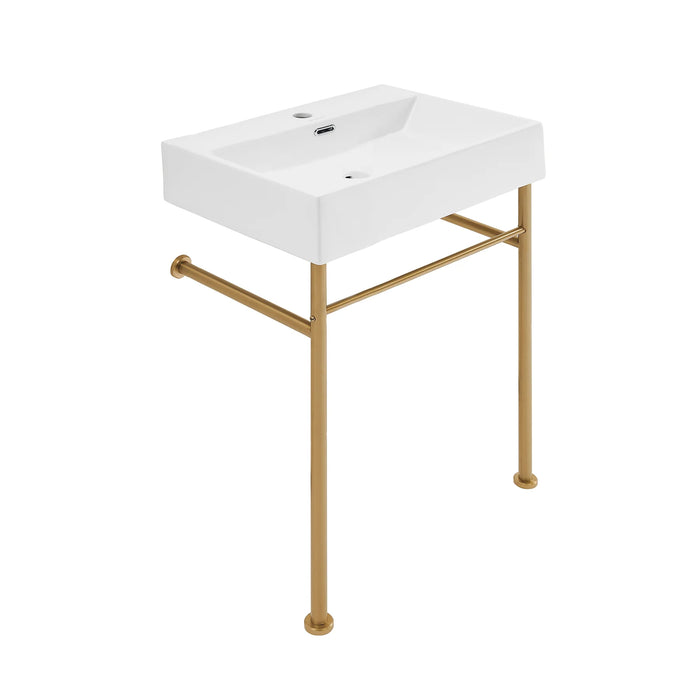 Claire 24 Ceramic Console Sink White Basin Brushed Gold Legs