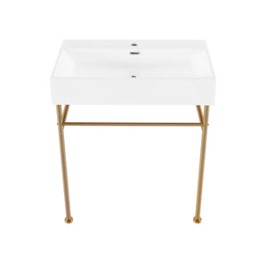 Claire 30 Ceramic Console Sink White Basin Brushed Gold Legs
