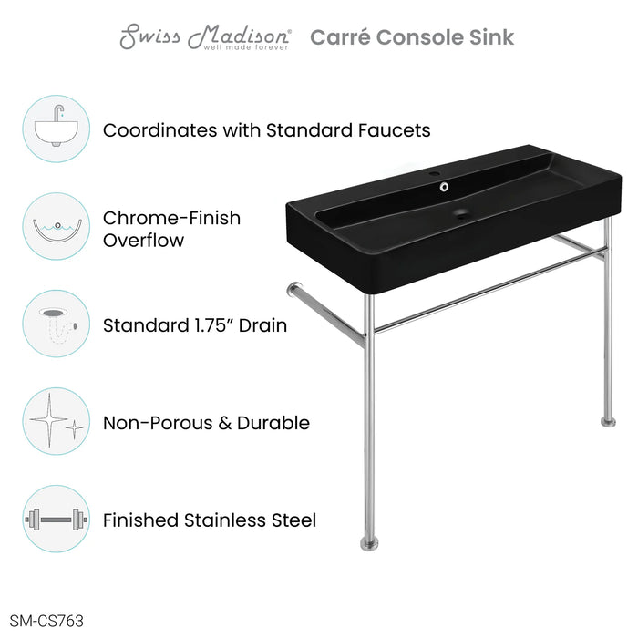 Carré 36" Console Sink Matte Black Basin Chrome Legs