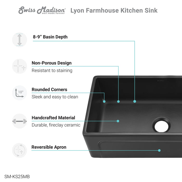Lyon 33 x 18 Fireclay, Single Basin, Farmhouse Kitchen Sink in Matte Black