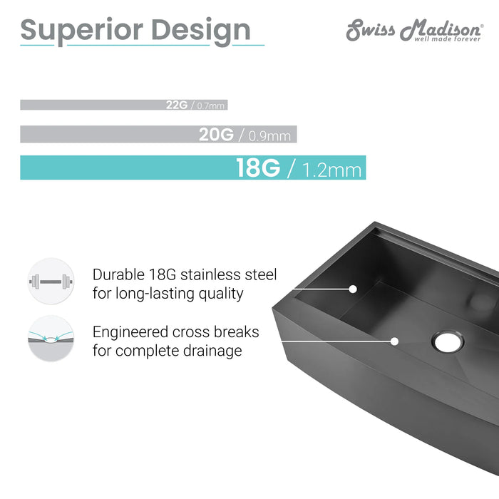 Tourner 33" x 22" Stainless Steel, Single Basin, Farmhouse Kitchen Workstation Sink with Apron in Black