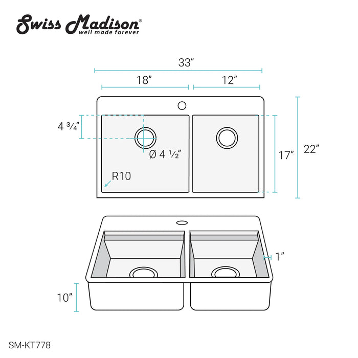 Ravi Dual Basin 33 x 22 Topmount Kitchen Workstation Sink