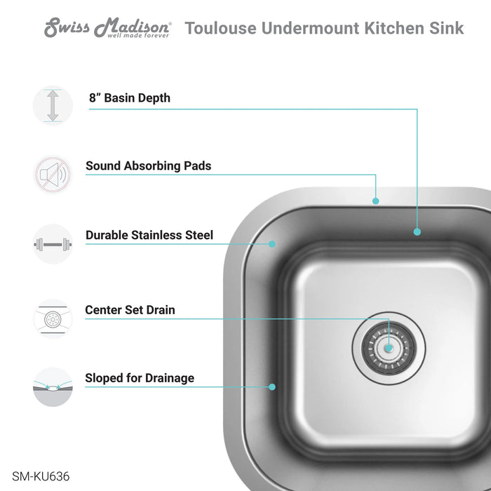 Toulouse 16 x 16 Stainless Steel, Single Basin, Undermount Kitchen Sink