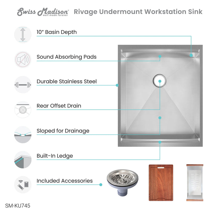 Rivage 15 x 19 Single Basin Undermount Kitchen Workstation Sink
