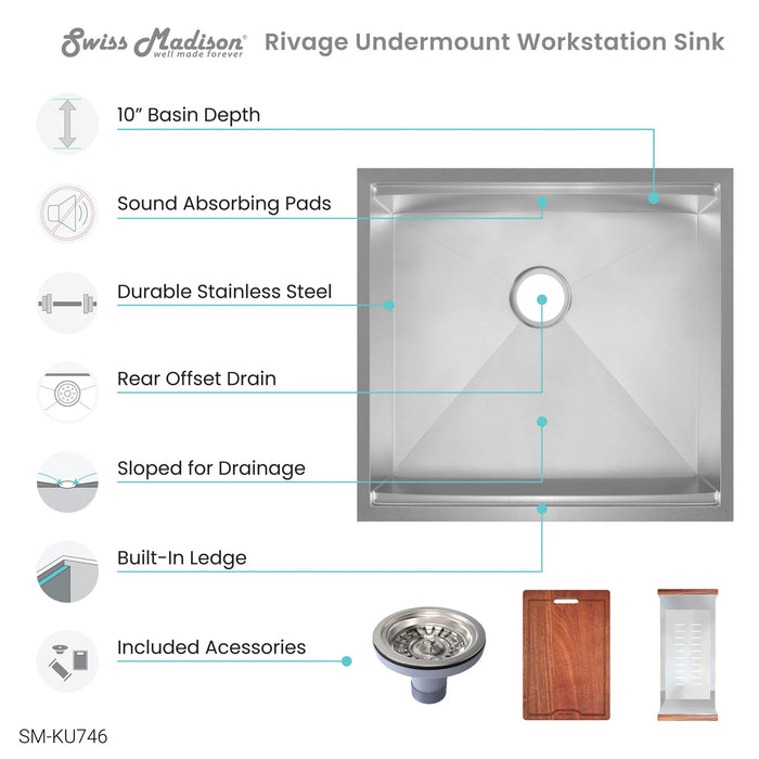 Rivage 22 x 19 Single Basin Undermount Kitchen Workstation Sink