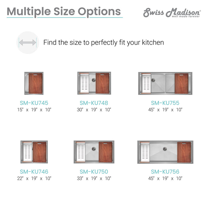 Rivage 30 x 19 Single Basin Undermount Kitchen Workstation Sink