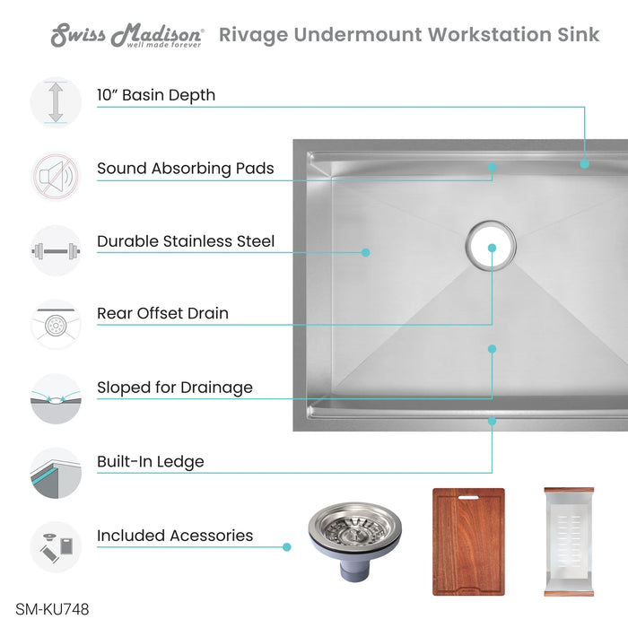 Rivage 30 x 19 Single Basin Undermount Kitchen Workstation Sink