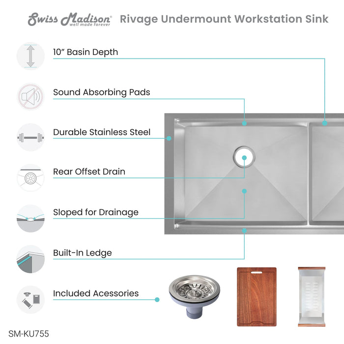 Rivage 45 x 19 Dual Basin Undermount Kitchen Workstation Sink