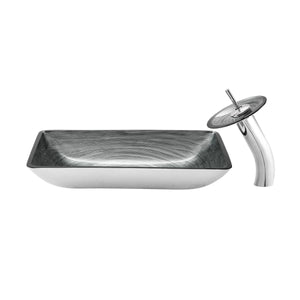 Cascade Rectangular Glass Vessel Sink with Faucet, Smoky Grey